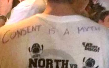 A student wearing the consent is a myth top. See Ross Parry story RPYCONSENT; Horrified drinkers from Sheffield, South Yorks., hit out at a group of students on a bar crawl who wrote consent is a myth on their t-shirts. According to people who were there, other t-shirts had "rape is not a crime" and "she CAN be asking for it" written on them. The group wearing the t-shirts were on the freshers bar crawl, an event for both University of Sheffield and Sheffield Hallam students. They were at Tiger Works when a Hallam second year student took the photo below, and allegedly asked a bouncer for the group to be escorted out the bar.