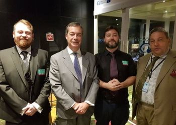 L-R: European election candidates: UKIP's Mark Meecham (aka Nazi pug youtuber Count Dankula, Nigel Farage, rape threat controversialist Carl Benjamin, together with UKIP - Brexit Party defector David Coburn who isn't standing for this election (c) Twitter