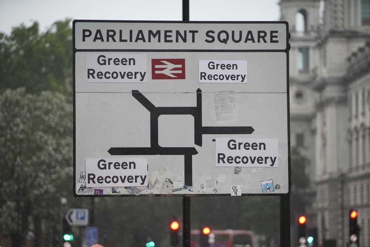 Greenpeace activists replace the destinations on the road signs around Westminster to read ‘Green Recovery’. Sending a message to the government that it only has one option with its economic recovery package, and that much greater investment is needed to green the transport, energy, housing and waste sectors, create new green jobs and tackle the climate emergency.