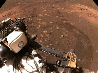 This photo made available by NASA was taken during the first drive of the Perseverance rover on Mars on Thursday, March 4, 2021. Perseverance landed on Feb. 18, 2021. (NASA/JPL-Caltech via AP)