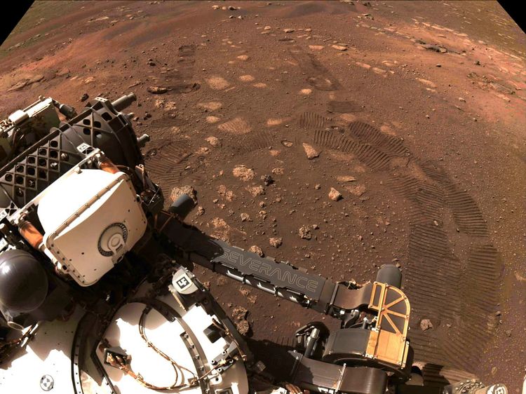 This photo made available by NASA was taken during the first drive of the Perseverance rover on Mars on Thursday, March 4, 2021. Perseverance landed on Feb. 18, 2021. (NASA/JPL-Caltech via AP)